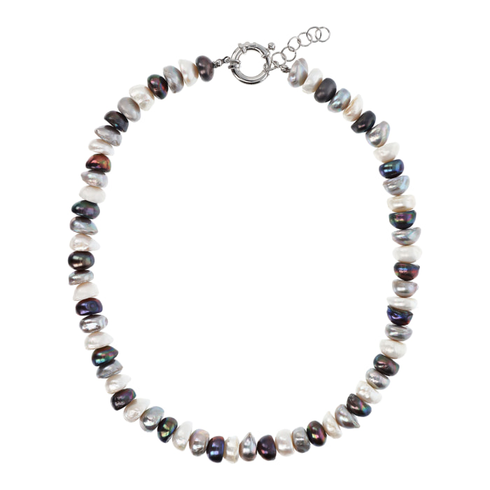 PERLAVIVA - Collana Girocollo in Argento 925 placcato Rodio con Perle a Rondella Grigie Ø 10/10.5 mm