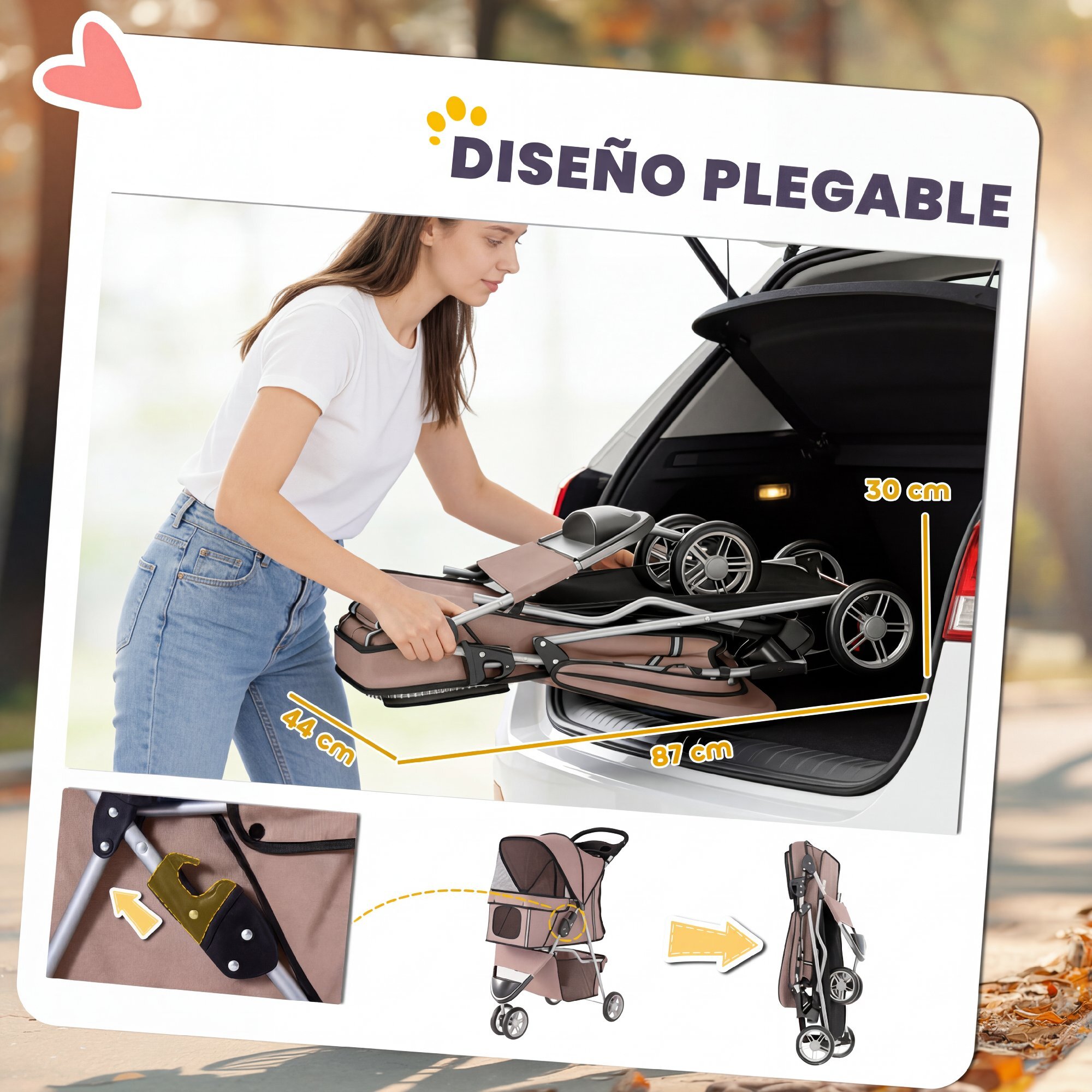 Carrito para Perros Plegable, Cochecito para Perros Pequeños con Cesta de Almacenaje, Ventanas de Malla, Portavasos y Ruedas, Carga 10 kg, 77x44x102 cm, Café