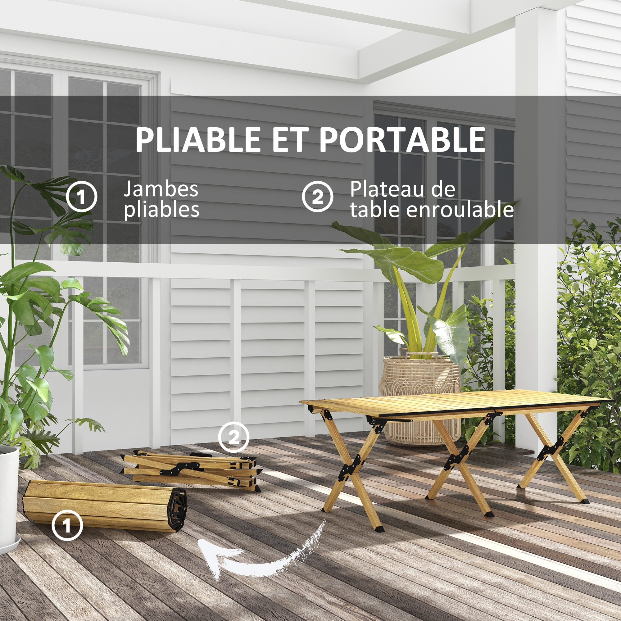 Table de camping pique-nique pliable - plateau enroulable - acier alu aspect bois naturel