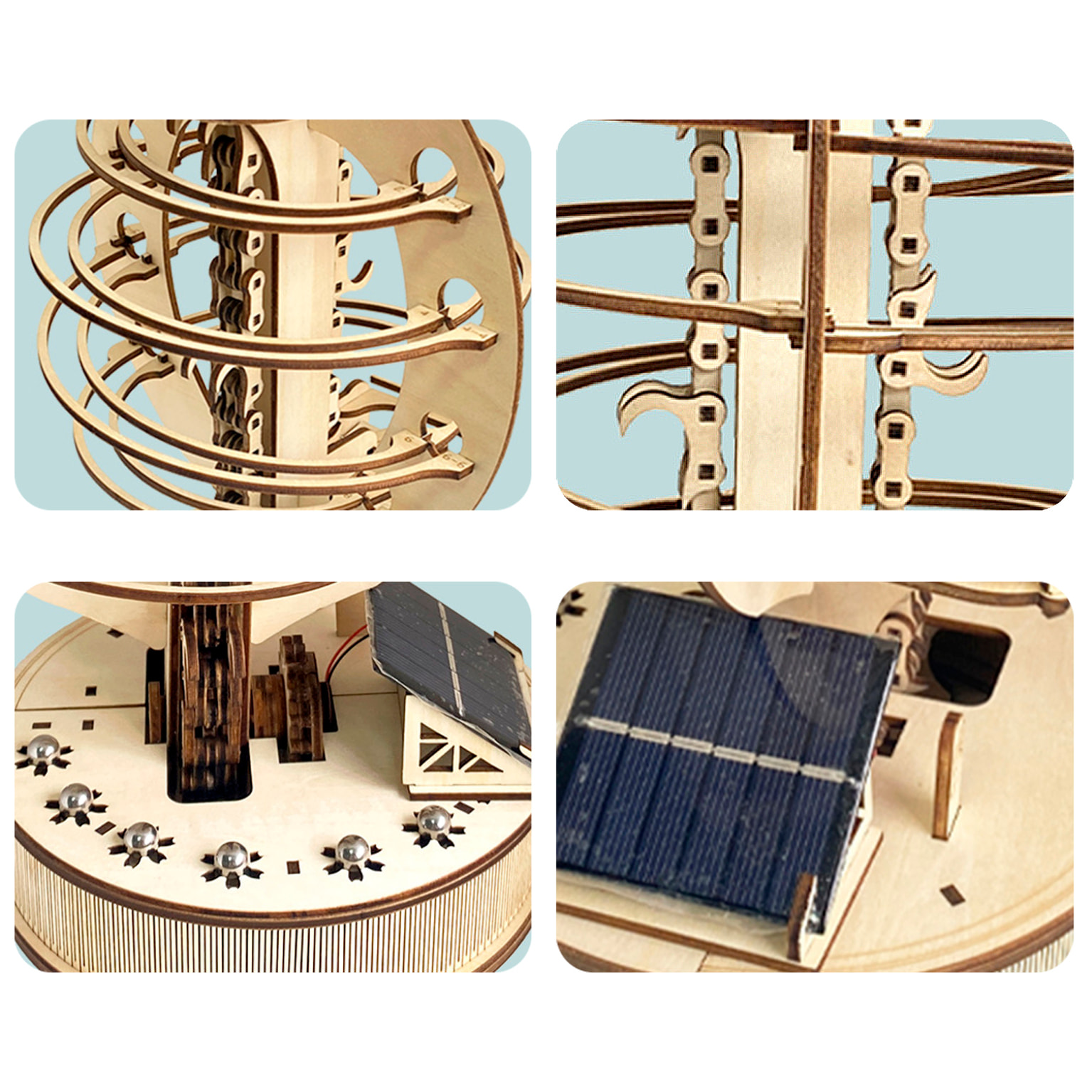Maqueta de Madera 3D, con movimiento mecánico diseño de Pista de bolas en orbita con panel Solar.