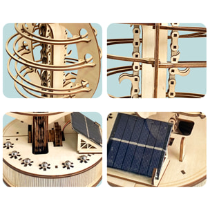Maqueta de Madera 3D, con movimiento mecánico diseño de Pista de bolas en orbita con panel Solar.