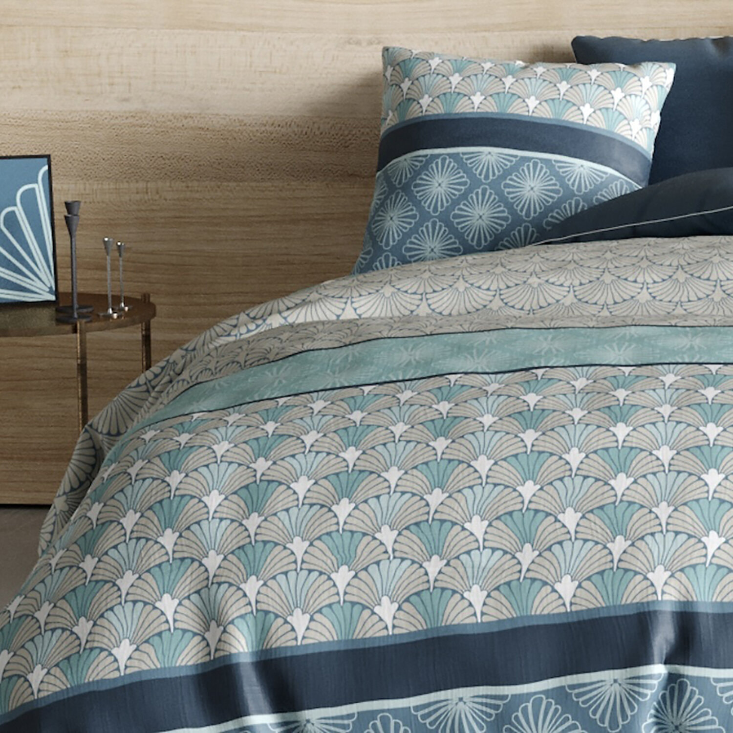 Parure housse de couette imprimé 100% coton - zircon - bleu