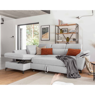 Clever - canapé d'angle gauche - 5 places - convertible avec coffre et têtières - en tissu - Gris clair