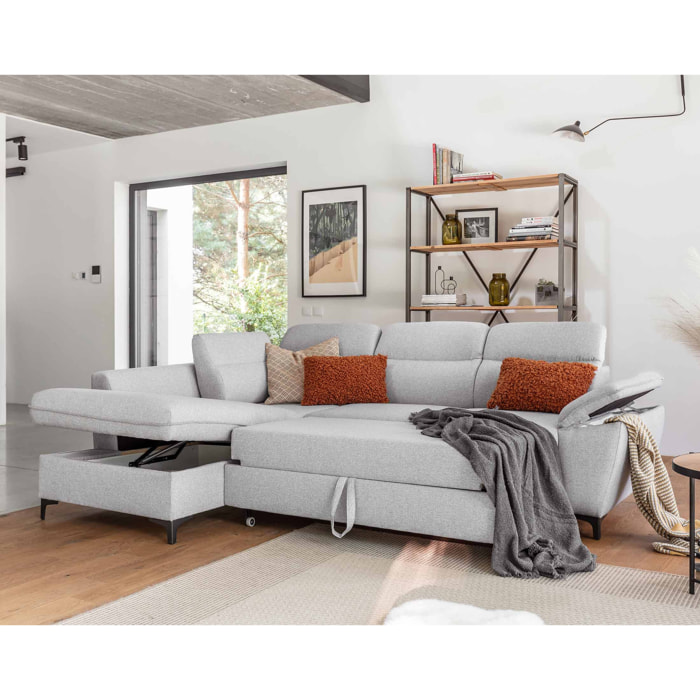 Clever - canapé d'angle gauche - 5 places - convertible avec coffre et têtières - en tissu - Gris clair