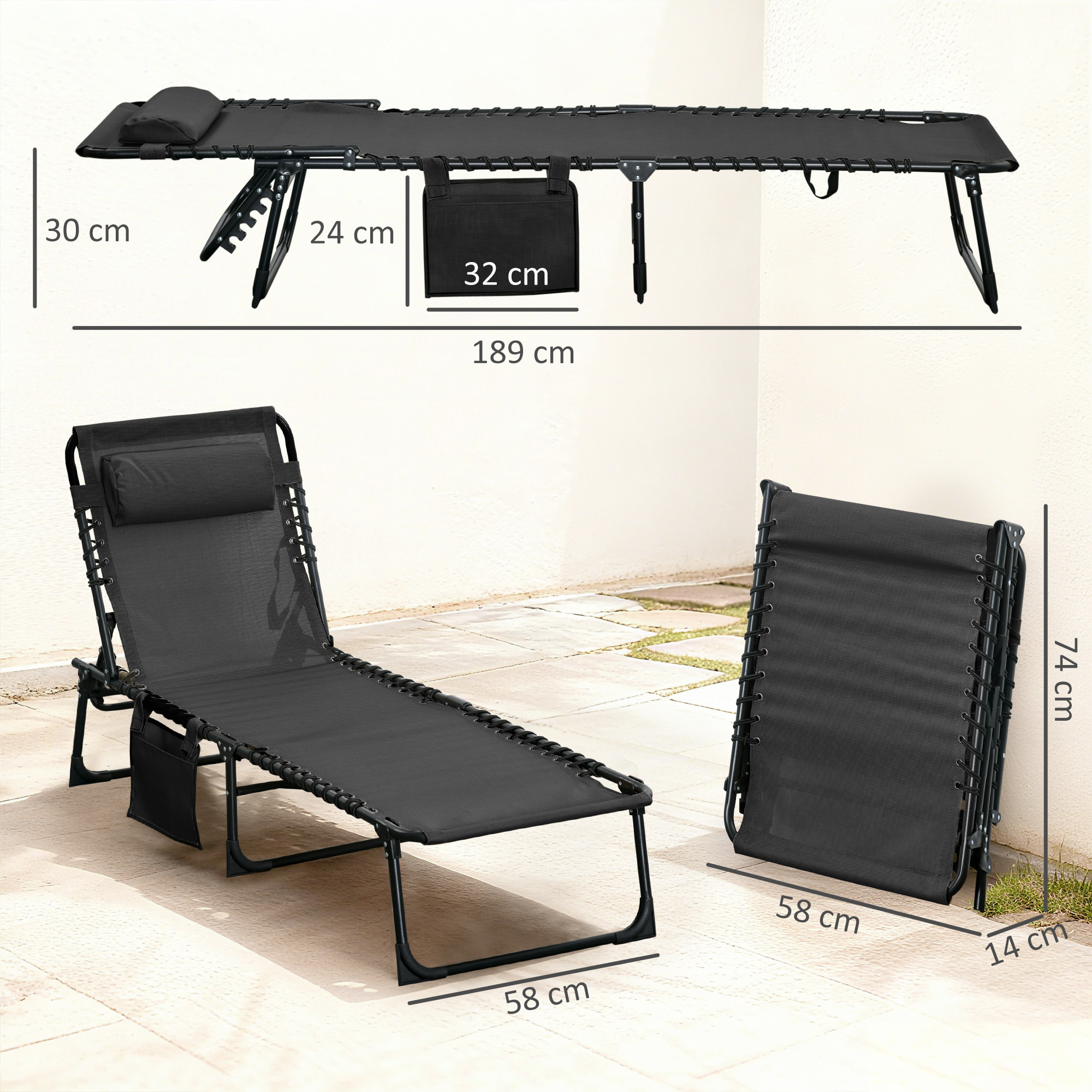 Tumbona Plegable, Tumbona Jardín Exterior Reclinable 5 Posiciones, con Reposacabezas Acolchado, Bolsillo Lateral y Estructura de Acero, para Terraza, Piscina, 189x58x30 cm, Negro