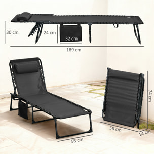 Tumbona Plegable, Tumbona Jardín Exterior Reclinable 5 Posiciones, con Reposacabezas Acolchado, Bolsillo Lateral y Estructura de Acero, para Terraza, Piscina, 189x58x30 cm, Negro