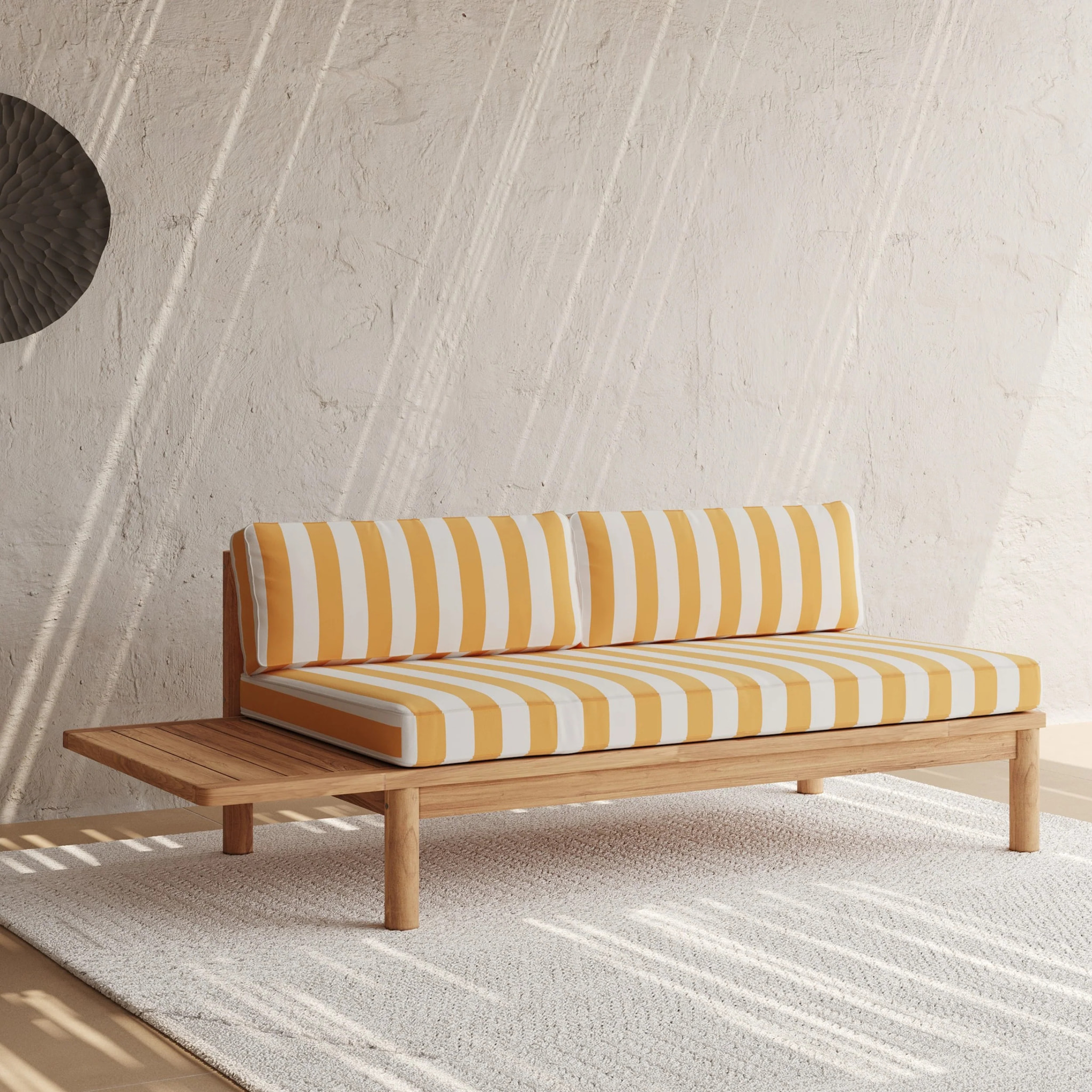 Canapé de jardin en teck massif et coussins rayés jaunes 2 places - Nadila