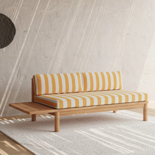 Canapé de jardin en teck massif et coussins rayés jaunes 2 places - Nadila