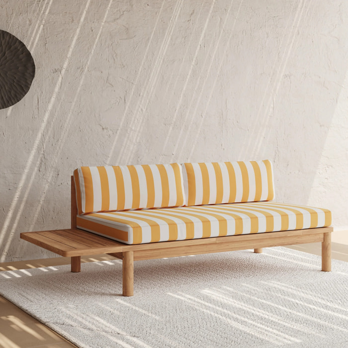 Canapé de jardin en teck massif et coussins rayés jaunes 2 places - Nadila