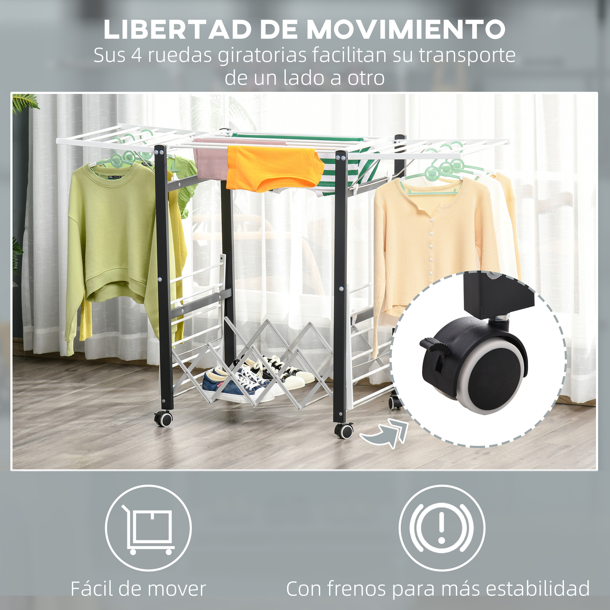 Tendedero de Ropa Plegable Tendedor de Aluminio Móvil con 4 Alas Laterales y Estante para Zapatos 4 Ruedas con Frenos para Interior y Exterior 157,5x54x101 cm Blanco