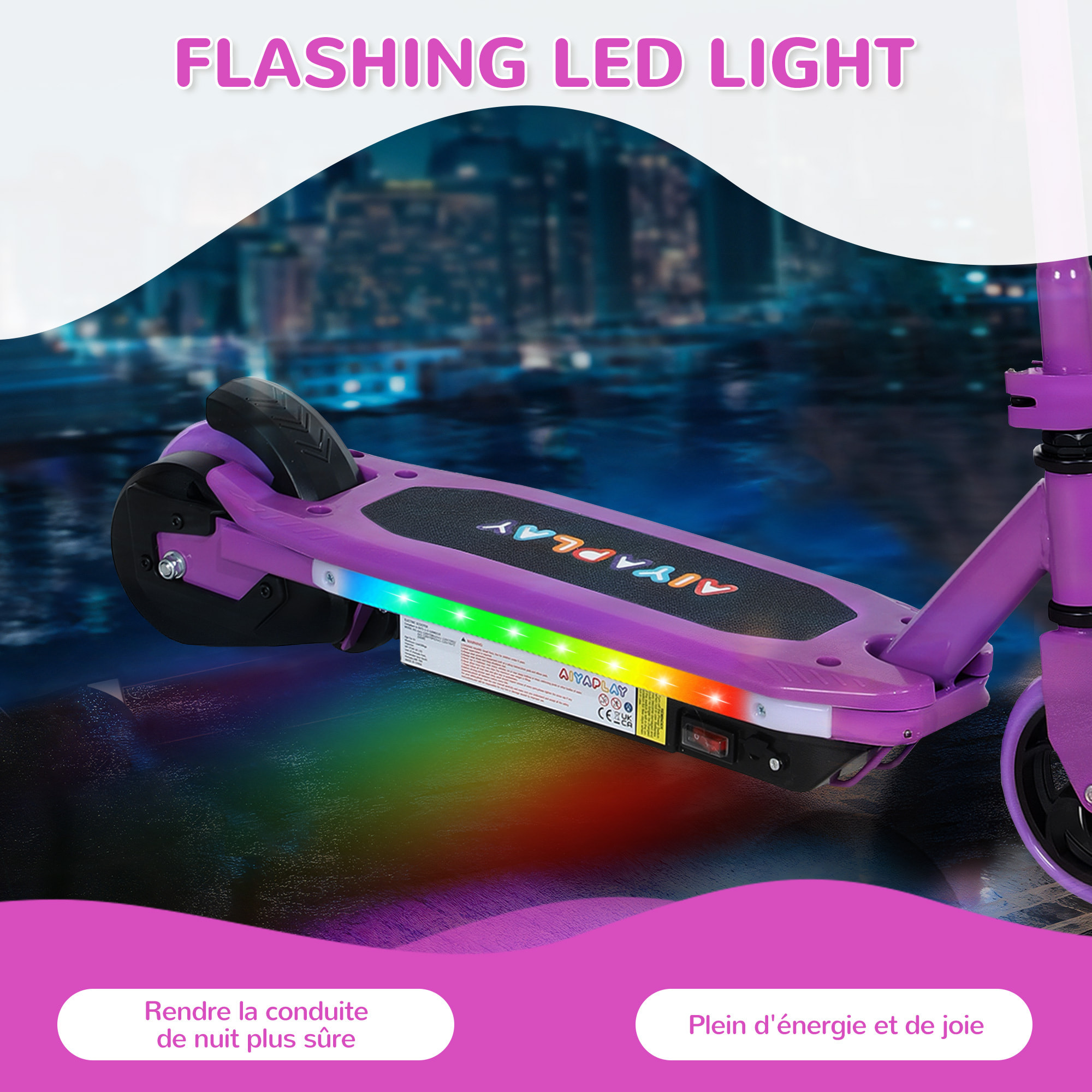 Trottinette électrique enfant LED multicolore max. 10Km/h autonomie 8Km béquille acier mauve