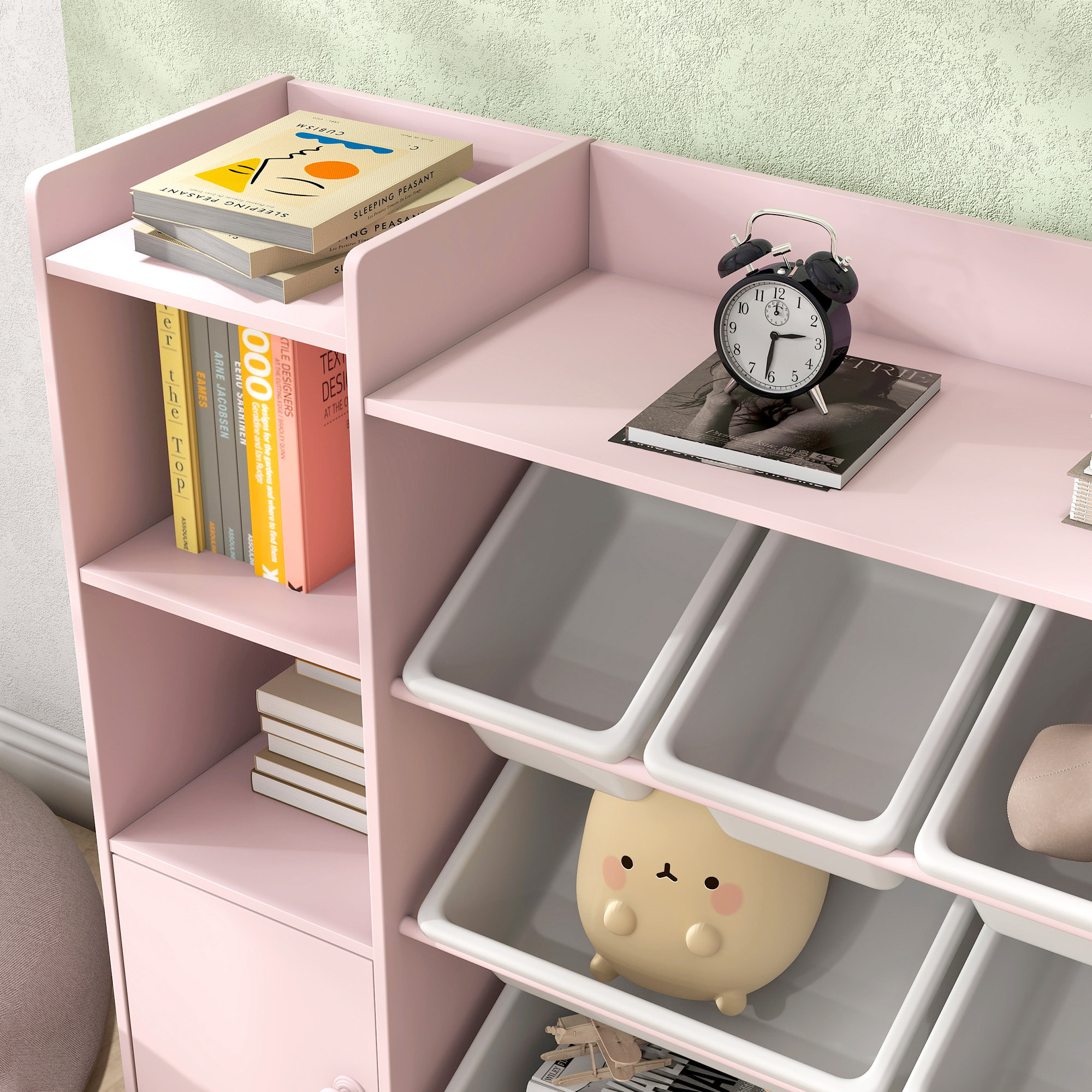Bibliothèque enfant - rangement à bacs posés x 8 - 4 niches, 3 étagères, 2 portes - rose