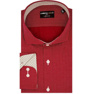 Camicia Uomo 1 Bottone Francese Slim Cotone Stretch Stampato Bordeaux/Beige