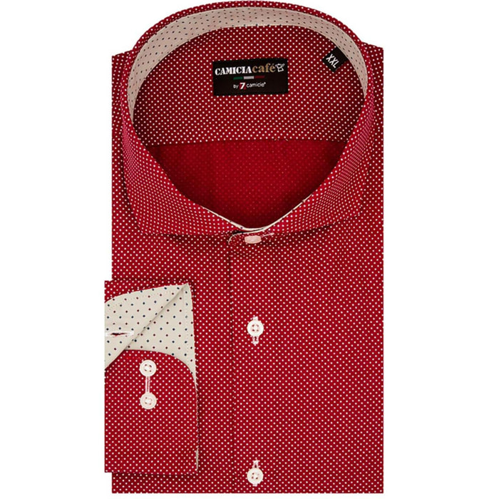 Camicia Uomo 1 Bottone Francese Slim Cotone Stretch Stampato Bordeaux/Beige