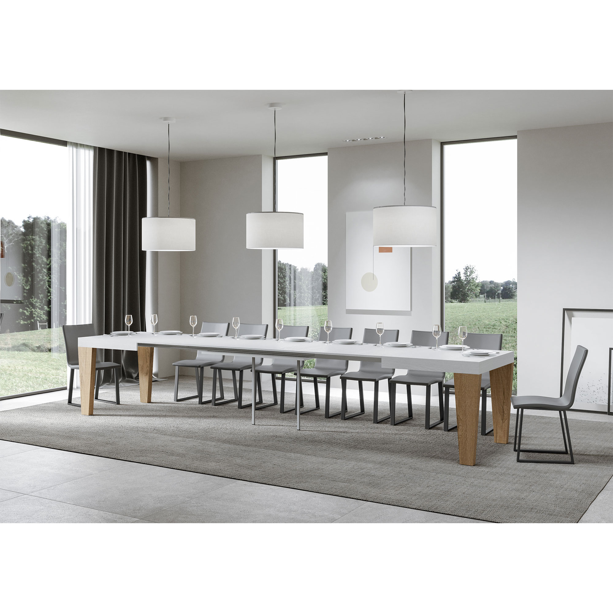 Mesa extensible 90x130/390 cm Spimbo Mix tapa Fresno Blanco patas Roble Natural