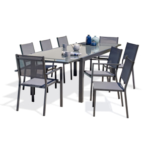 TOLEDE - Ensemble repas 8 places en aluminium anthracite et plateau verre