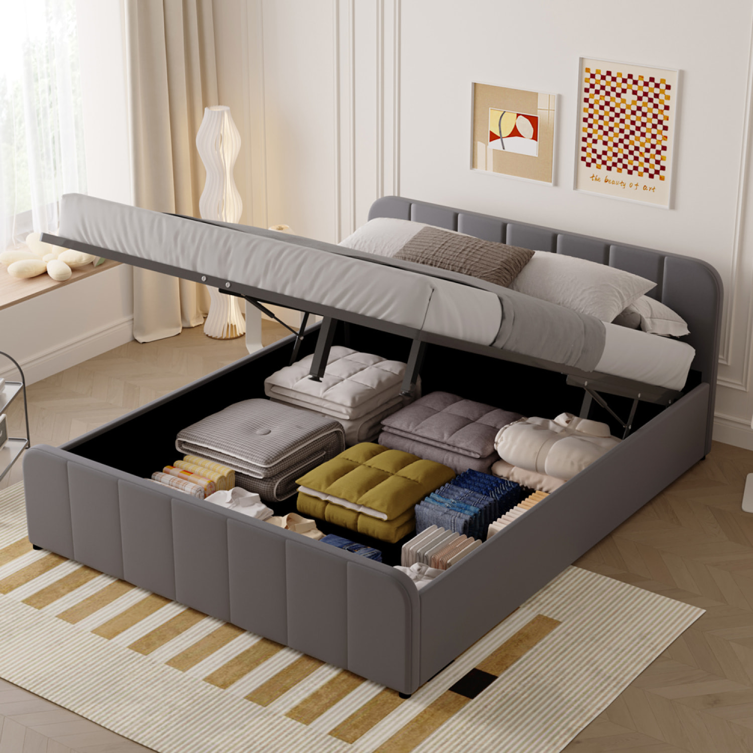 KANSAS Lit avec coffre de rangement 140x190cm en velours gris