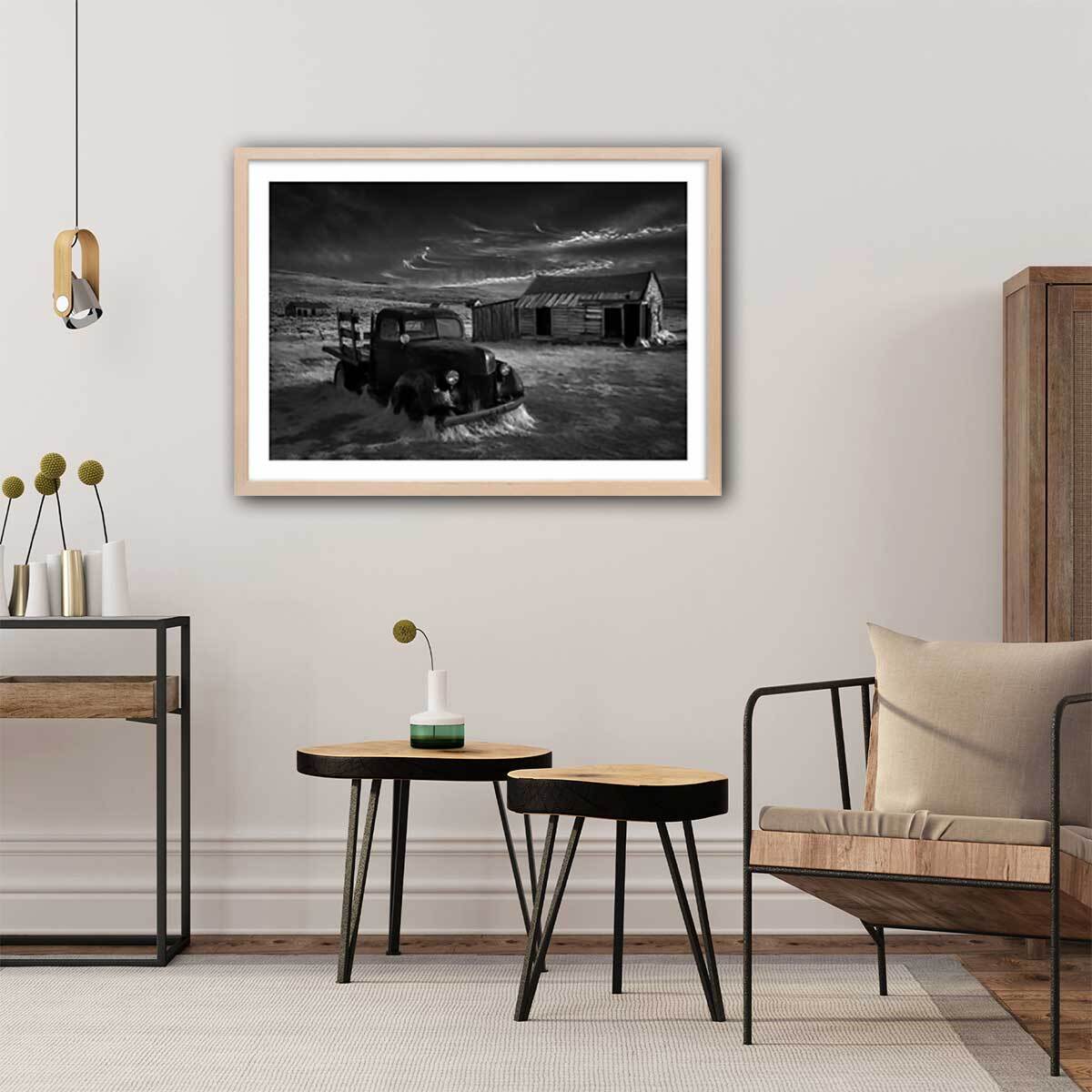 Affiche noir et blanc orage Affiche + cadre en bois - Chêne