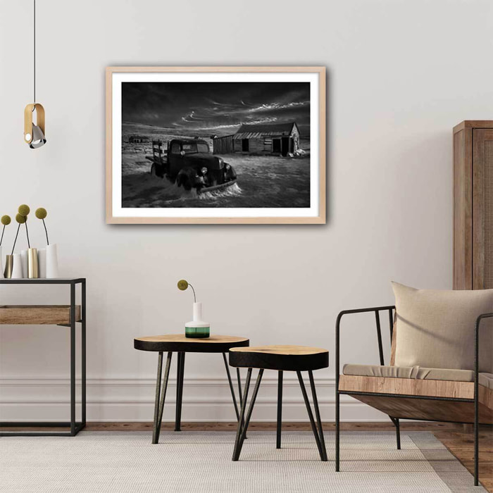 Affiche noir et blanc orage Affiche + cadre en bois - Chêne