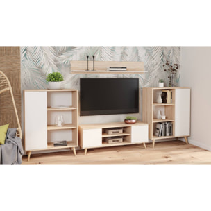 Mobile porta tv con 2 ante e 1 ripiano centrale, Credenza con piedini, Buffet da soggiorno in stile scandi, cm 155x40h50, colore Bianco e Rovere