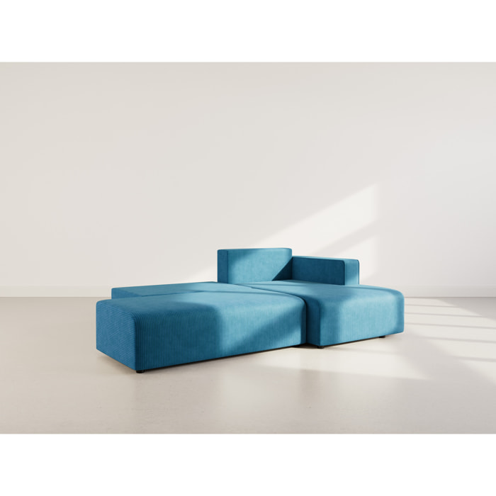 Topaze - canapé d'angle droit 4 places convertible avec coffre en velours côtelé - Bleu