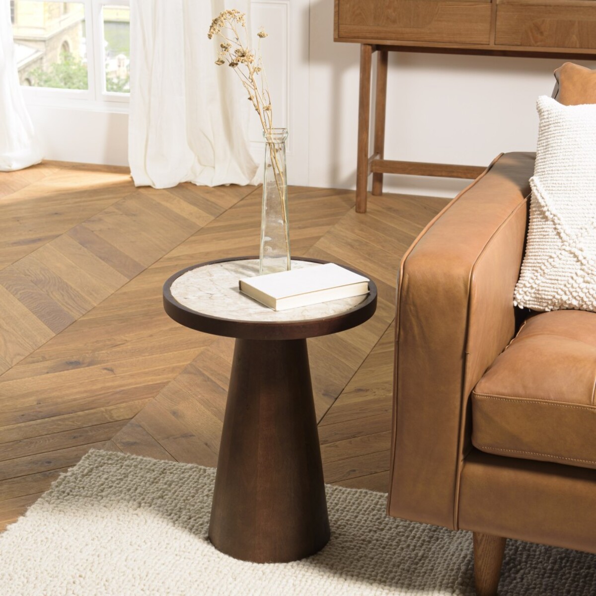 JAMES - Table d'appoint 40x40cm plateau marbre pied en manguier foncé