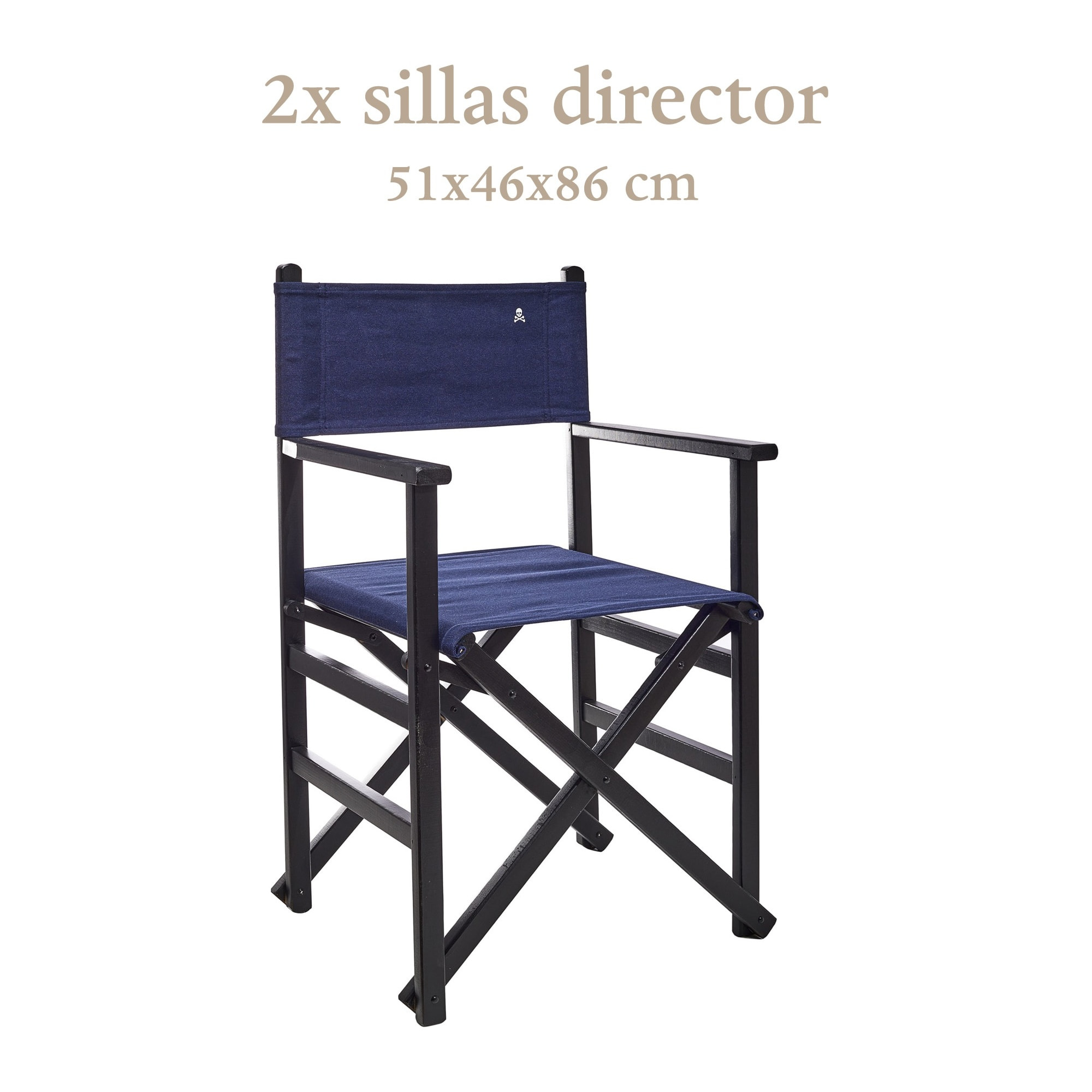 Set de 2 sillones director plegables estructura color wengué con lona color azul oscuro