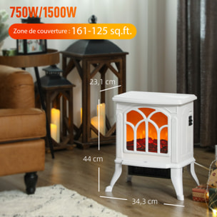 Chimenea Eléctrica de Pie 750/1500 W, Chimenea Decorativa con 2 Niveles de Potencia, Efecto Llama, Protección Sobrecalentamiento, Área de Cobertura 15-20 m², Blanco