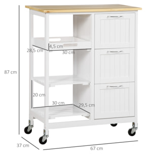 Carro Auxiliar de Cocina Carrito Verdulero con 3 Cajones 2 Estantes Abiertos y Bandeja Extraíble para Comedor Salón BCarga 40 kg 67x37x87 cm Blanco