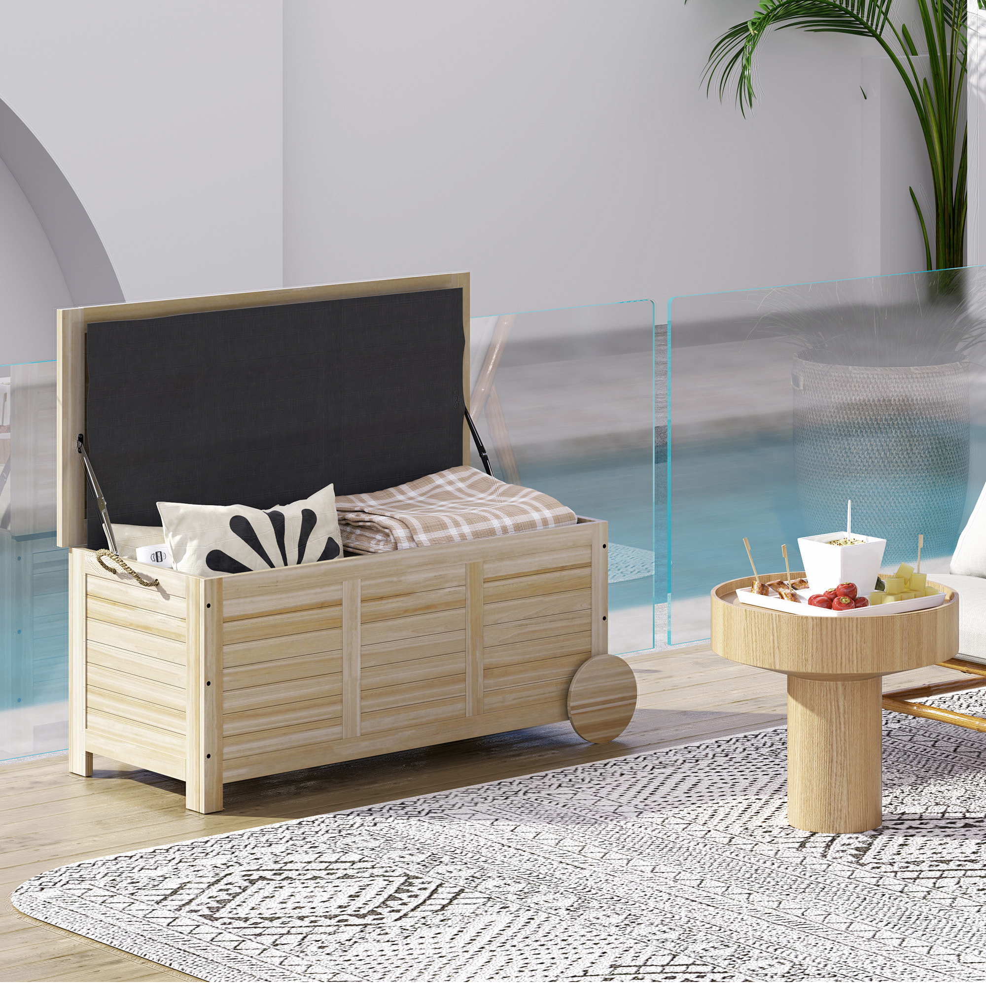 Baúl de Almacenaje Exterior 185L Arcón de Jardín de Madera Impermeable con Tapa Abrible 2 Ruedas Cuerdas de Lino Bisagras Metálicas y Forro Interno 110x50x50 cm Natural