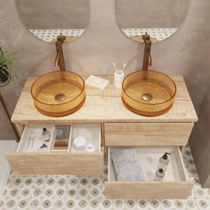 Conjunto de Baño Glass | 120 cm Nature | Cuatro Cajones | Lavabo de Vidrio Xampagne | No incluye Espejo | Mueble Montado | Alday