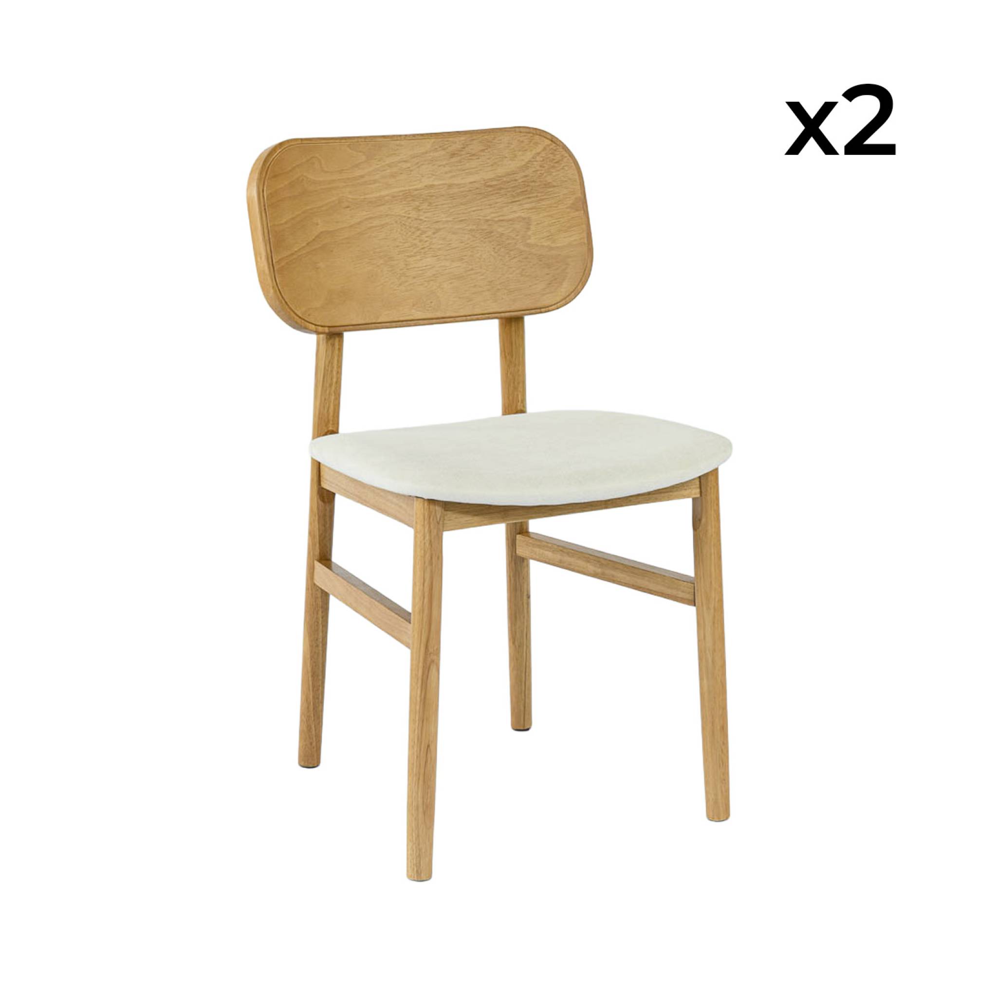 Lot de 2 chaises vintage bois d'hévéa finition brossée naturel et tissu. L 52 x P 45 x H 80cm - OLYMPIE