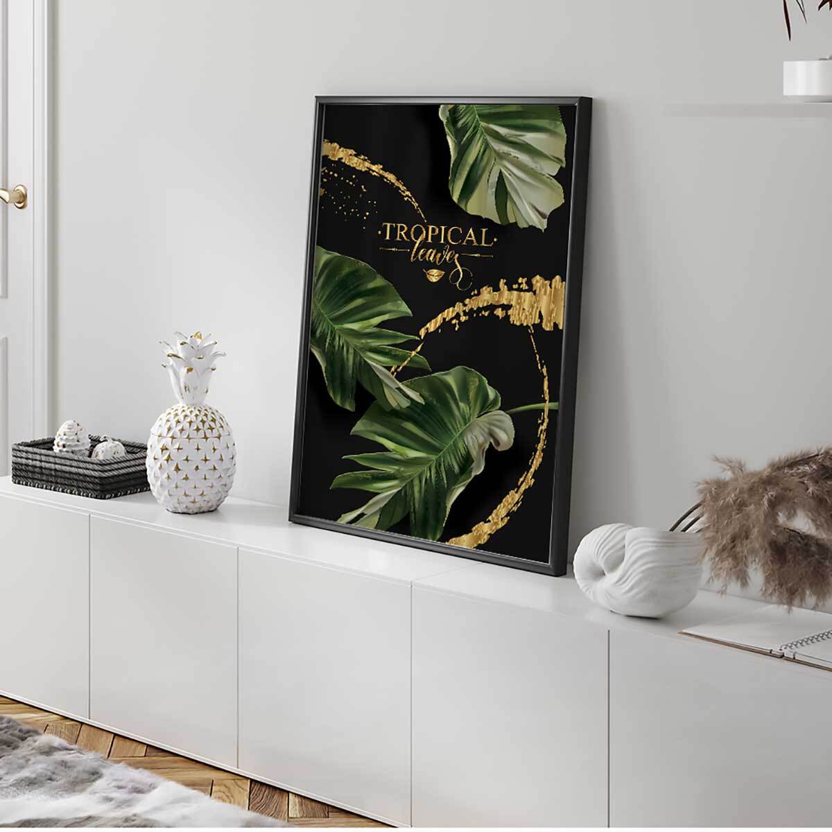 Affiche encadrée tropicale feuilles exotiques fond noir Affiche + cadre en métal - Noir