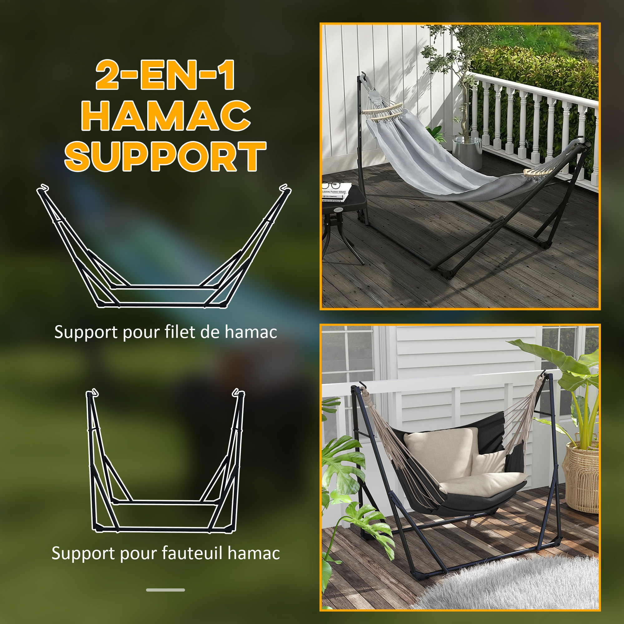 Hamac pliable complet - support acier, toile hamac coton - support 2 en 1 hamac chaise suspendue - noir gris