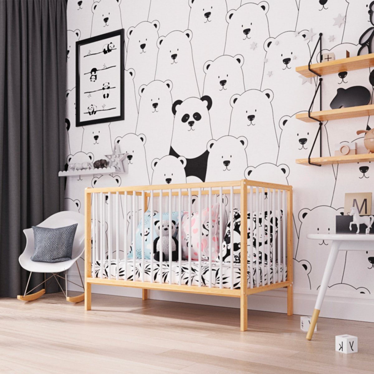 Lit Bébé Évolutif Mathis 60x120 cm, Couleur Bois Naturel & Blanc, Sommier Réglable 3 Hauteurs, Barreaux Amovibles, Lit Bébé Bois Massif