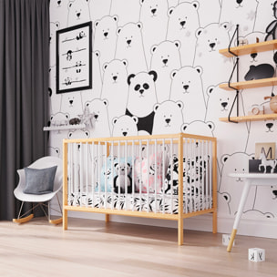 Lit Bébé Évolutif Mathis 60x120 cm, Couleur Bois Naturel & Blanc, Sommier Réglable 3 Hauteurs, Barreaux Amovibles, Lit Bébé Bois Massif