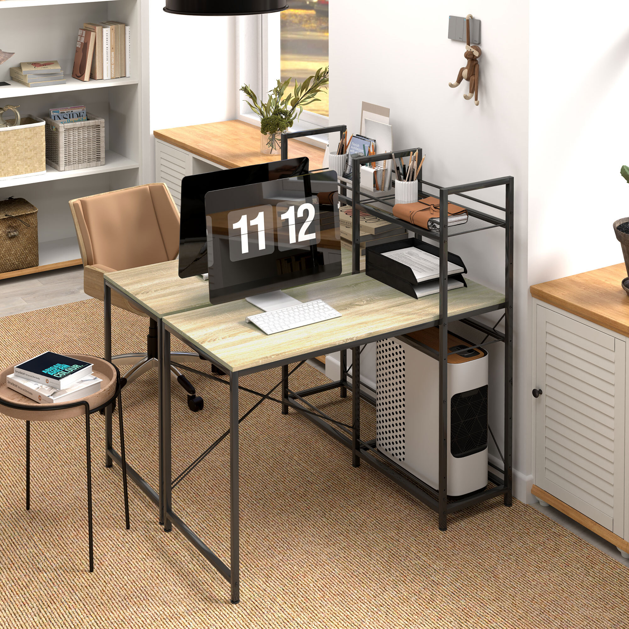 Escritorio con Estantería Reversible Industrial Escritorio con Marco de Acero Mesa de Estudio para Oficina Dormitorio 110x53x115,5 cm Roble y Negro