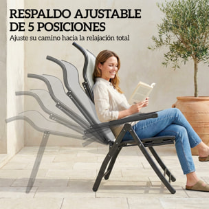 Pack de 2 Sillas Plegables Reclinables, Sillas de Jardín Exterior con Respaldo Alto Curva Ajustable en 5 Posiciones, Reposapiés Retráctil y Marco de Metal, para Patio, Playa, Gris Claro