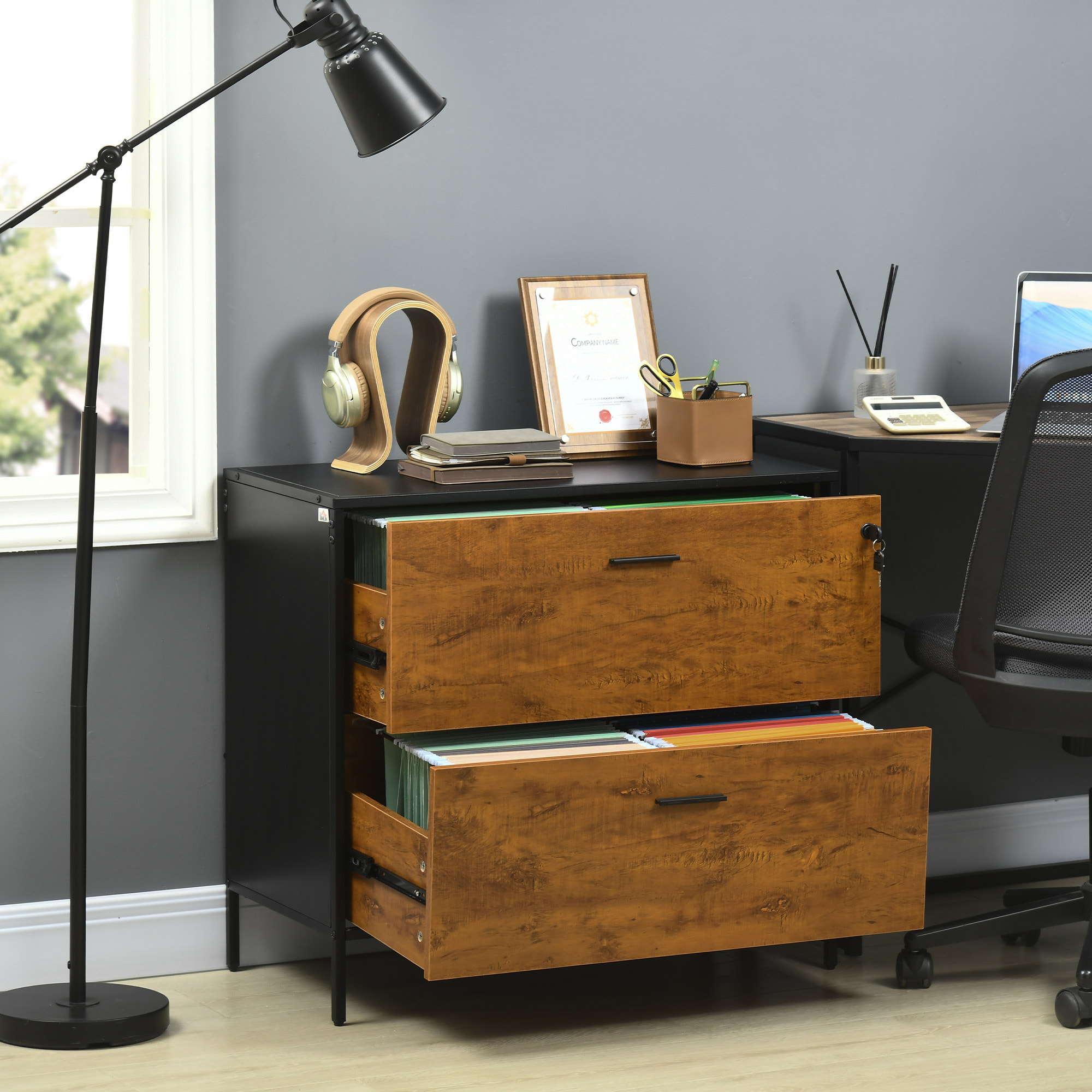 Cajonera de Oficina Industrial con 2 Cajones Cajonera para Archivadores con Cerradura y Carpetas Colgantes para Tamaño A4 80x39x73,5 cm Marrón