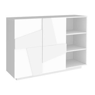 Mobile da ingresso a 2 ante e scaffali aperti, Made in Italy, Entratina moderna, Credenza per atrio, cm 121x38h86, colore Bianco lucido