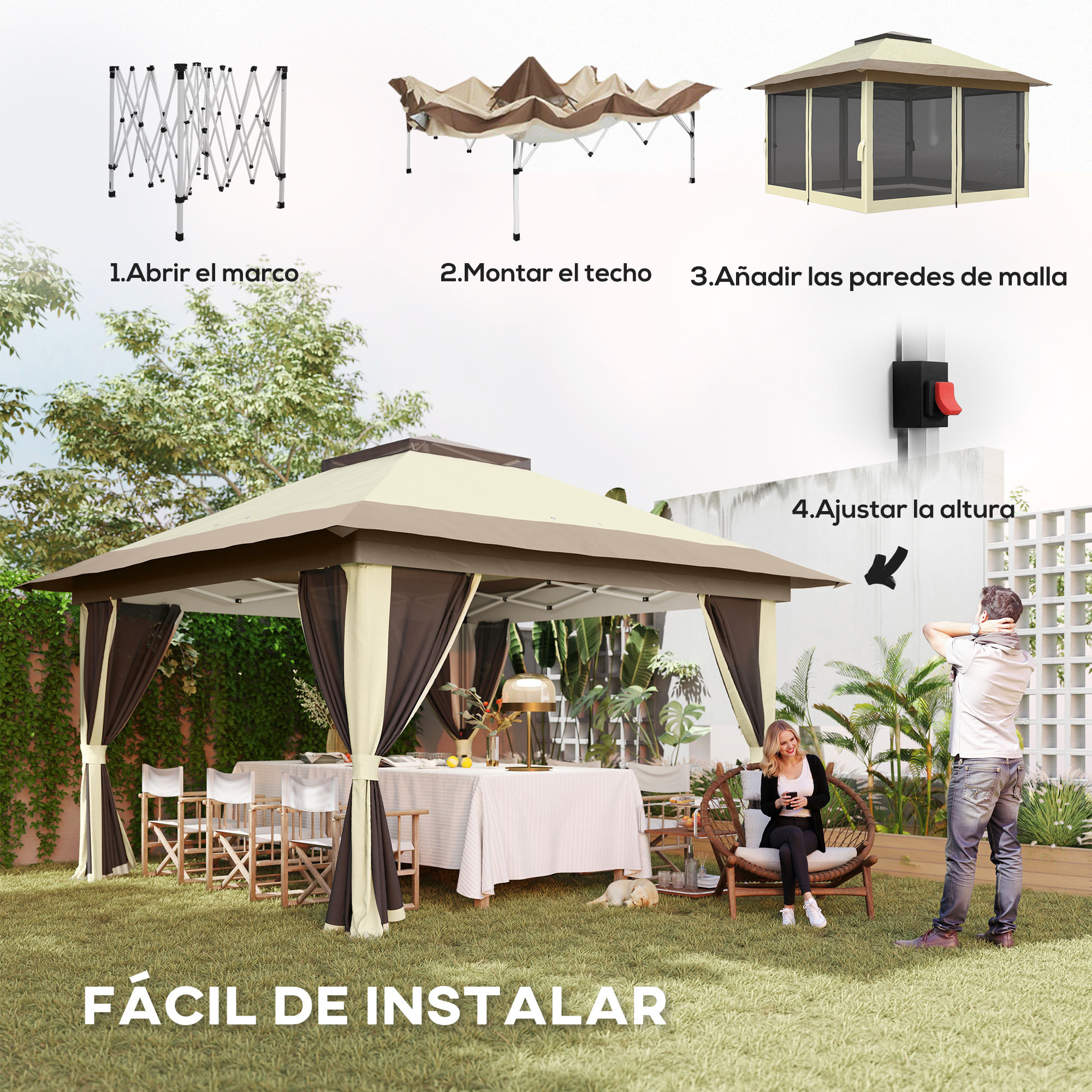 Carpa Plegable Gazebo 3,6x3,6 m Cenador Plegable con 4 Paredes Laterales de Malla Anti-UV Altura Ajustable Bolsa de Arena y Bolsa de Transporte para Camping Fiestas