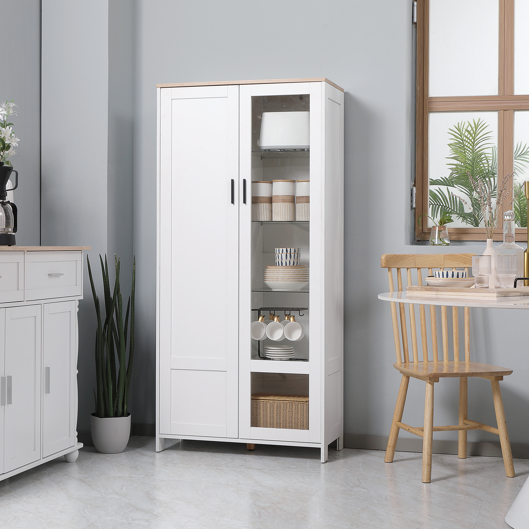 Alacena de Cocina Mueble Auxiliar de Cocina con Puerta de Vidrio Estantes Ajustables y Patas Elevadas para Salón Comedor 76x36x160 cm Blanco