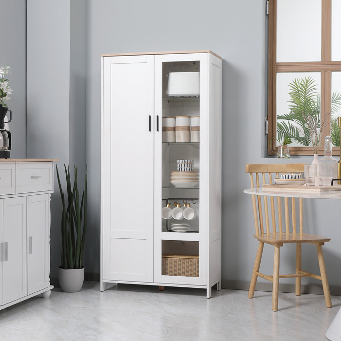 Alacena de Cocina Mueble Auxiliar de Cocina con Puerta de Vidrio Estantes Ajustables y Patas Elevadas para Salón Comedor 76x36x160 cm Blanco