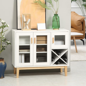 Aparador de Cocina Mueble Buffet Auxiliar con 3 Puertas de Vidrio y Botellero en Forma X para 4 Botellas para Comedor Estilo Moderno Antivuelco 90x37x75 cm Blanco