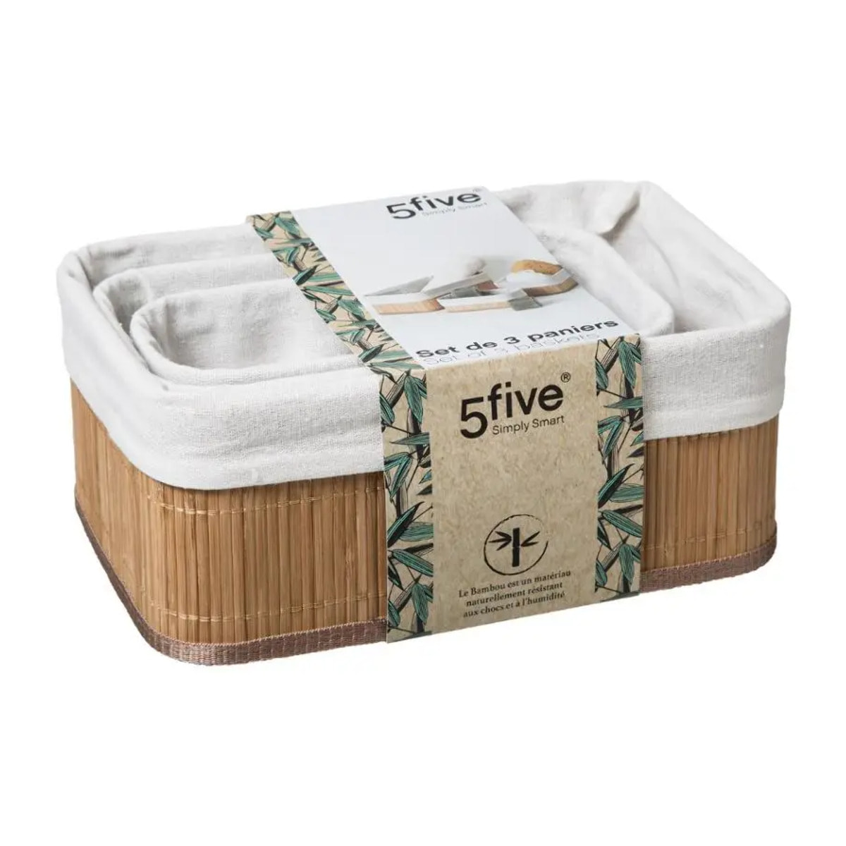3 paniers "Vannerie" tissu blanc bambou