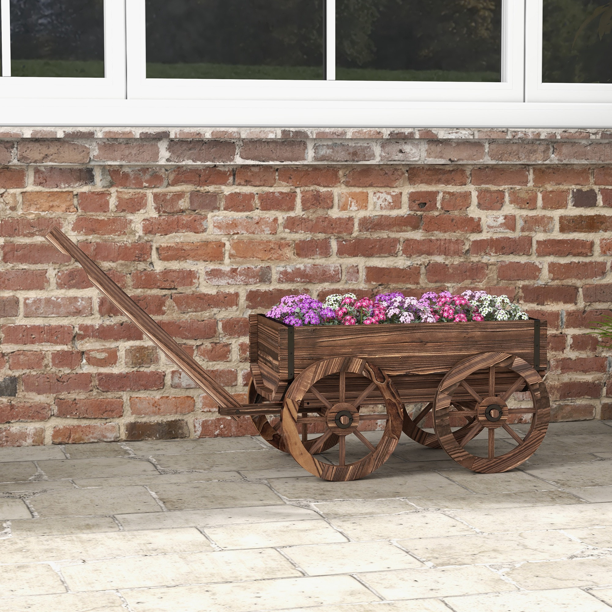 Jardinière chariot à fleurs en bois sapin traité carbonisation