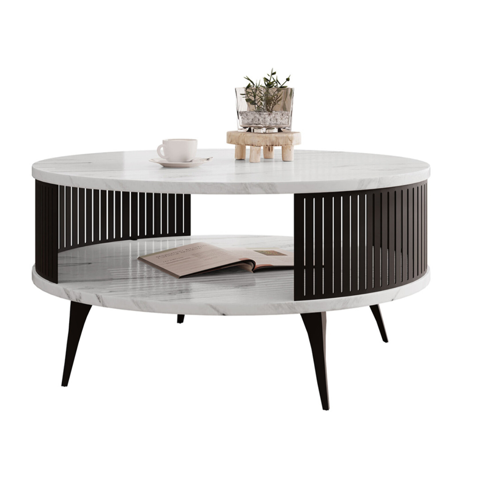 Forini - table basse ronde - effet marbre blanc - 1 niche - 75 cm - Blanc