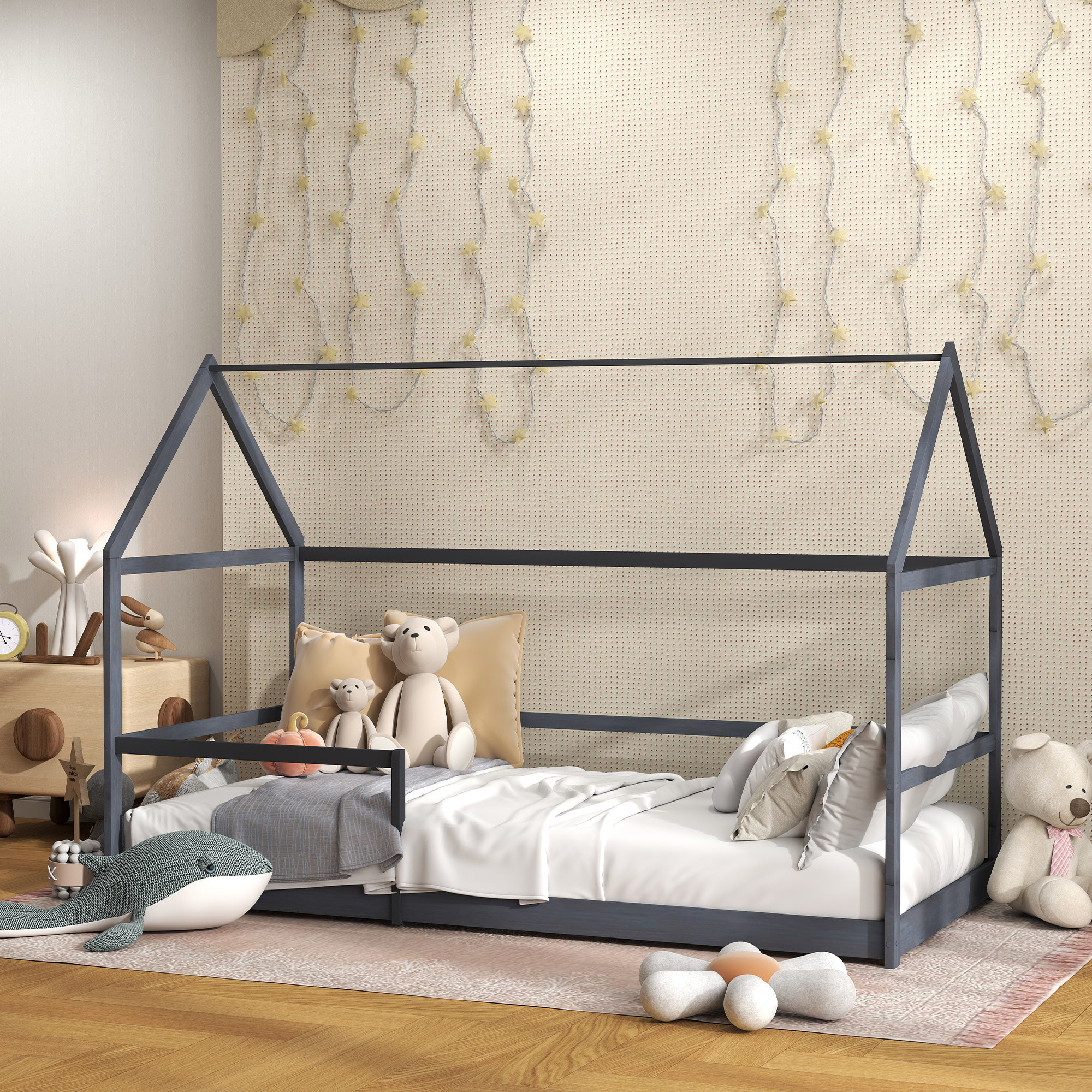 Lit cabane enfant 90x190cm - sommier et barrière inclus - bois pin panneaux gris