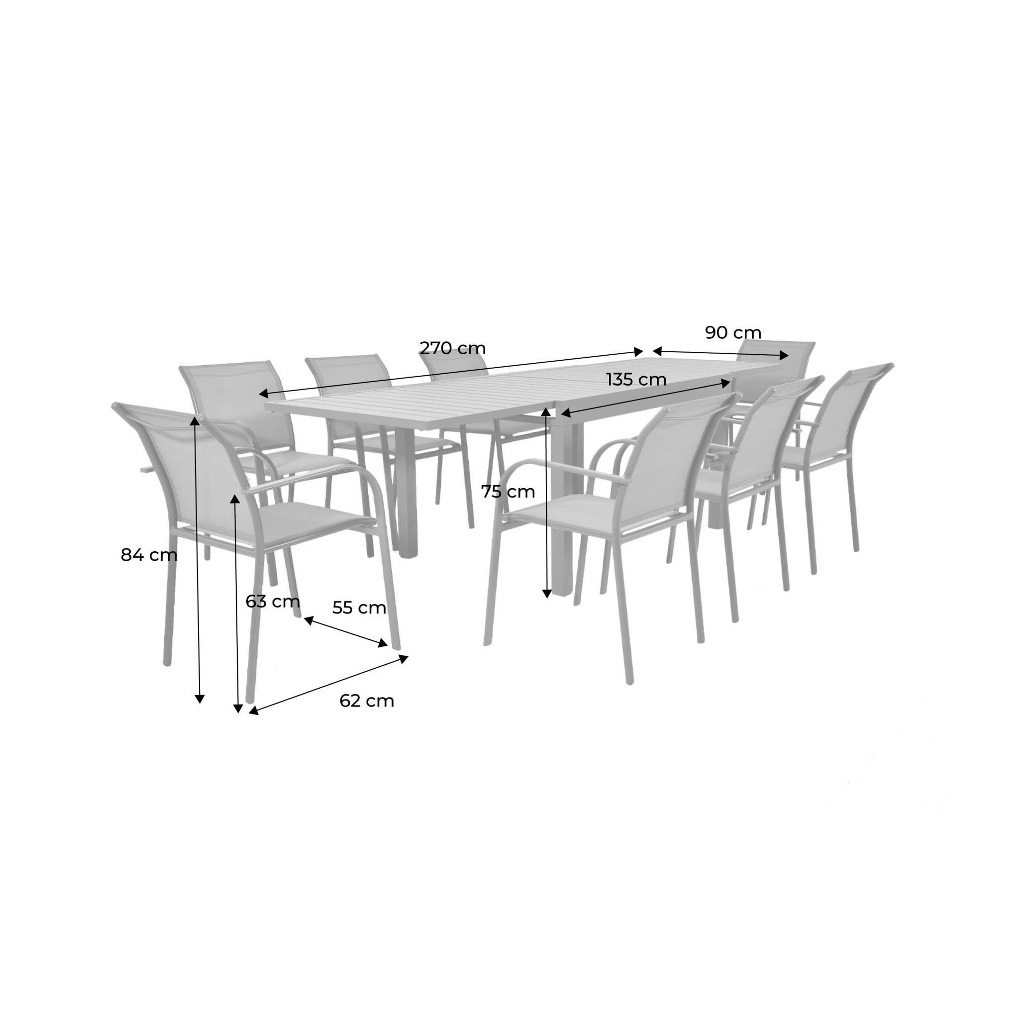 Table de jardin extensible aluminium + 8 assises ELORA + AMARA