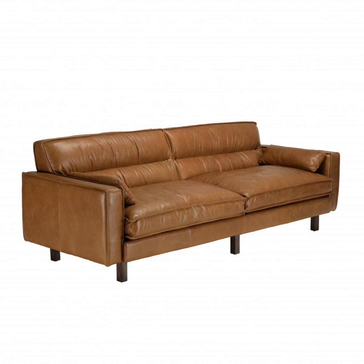 GASTON - Canapé 3 places vintage en cuir marron camel, pieds en bois
